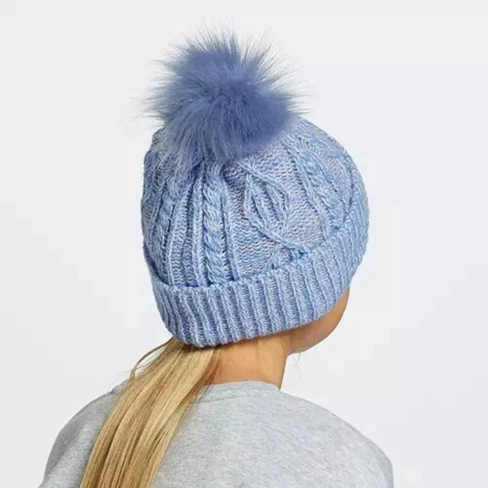 DSG Beanie Hat Girls One Size Blue Melange Stretch Headwear Cable Pom Cap SRT377